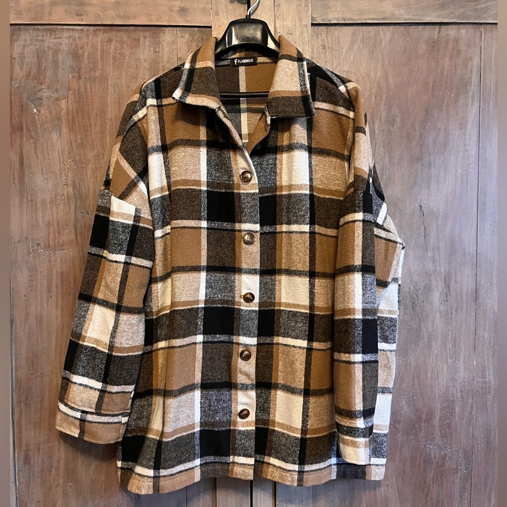 FLAMINGO PLAID FLANNEL JACKET -Taupe. Tan. Black. Cream Size XXL